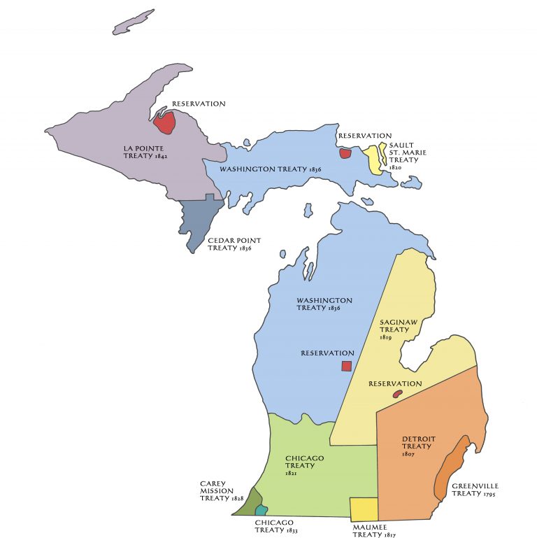 Color coded map of Michigan showing lands ceded through treaties.