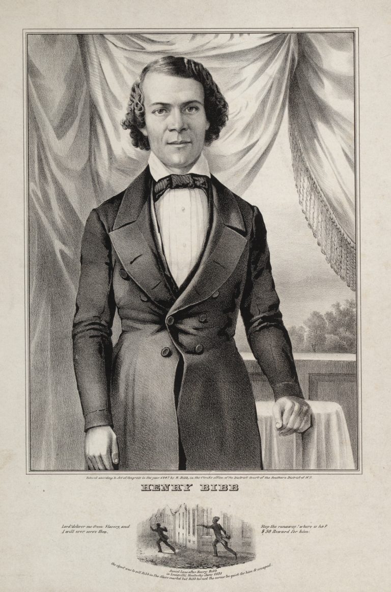 Black and white print, 3/4 length portrait of a man (Henry Bibb) standing in front of drapery.